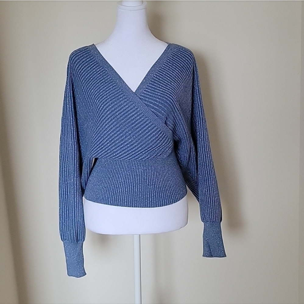 Cliche Wrap Sparkle Metallic Rib Knit Sweater. Size S.